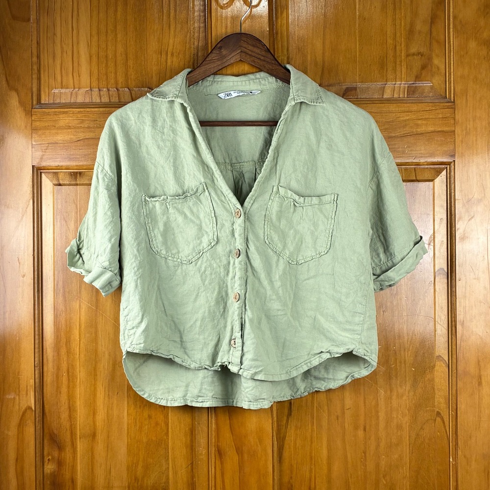 Zara Womens XS Sage Green Linen Blend Button Down Cropped Shirt Short Sleeve